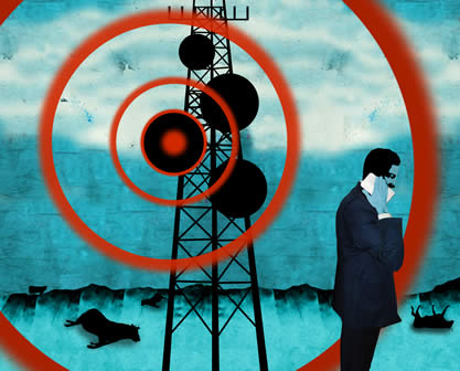 artwork showing an antenna with radial lines depicting radio waves and a suited figure holding a phone to his head