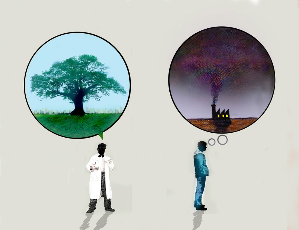 artwork depicting two people, one wearing a lab coat thinking of a tree; the other in street clothes thinking of a factory with smoke pouring from it