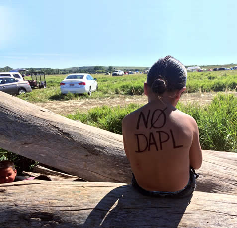 photo of a child sitting on a log, words NO DAPL written large on their back