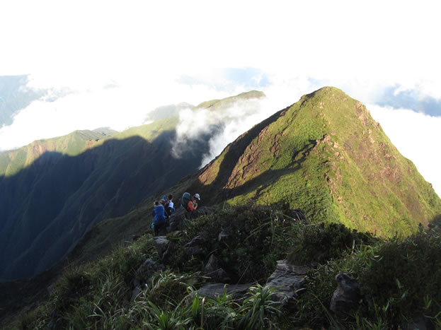 photo of a tropical mountaintop, backpackers climbing