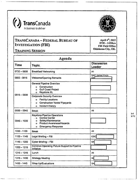 scan of a document bearing the logos of the FBI and TransCanada