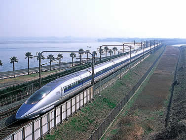 photo of a sleek train on a coastal track