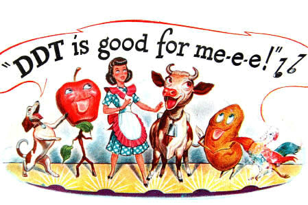 cartoon graphic of a aproned woman dancing with a cow, a dog, and some vegetables singing, ddt is good for me