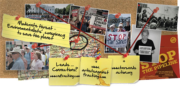 artwork depicting a bulletin board upon which photos of demonstrators and post-it notes with web addresses of anti-fracking groups are connected by pins and string