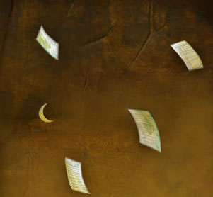 detail of an artwork depicting sheets of paper tossed by a flood under a crescent moon