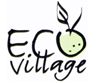 stylized words 'eco village' with a stem and leaves coming from the letter o