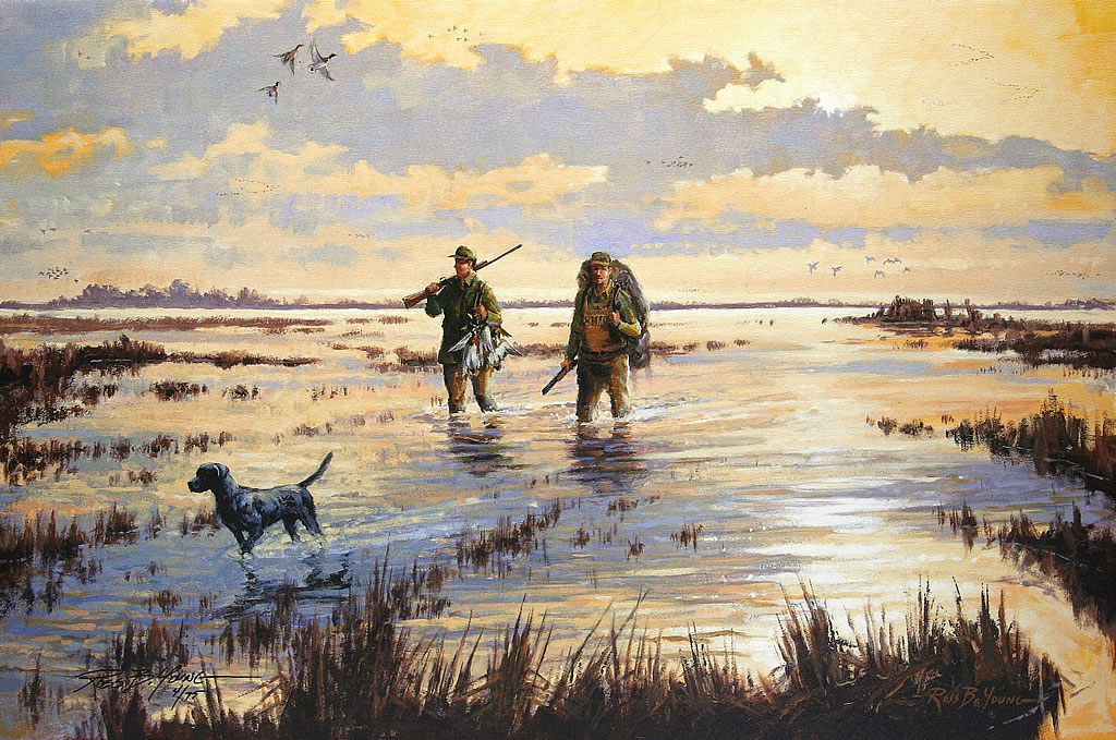 painting of hunters and a dog wading in a marsh at sunrise