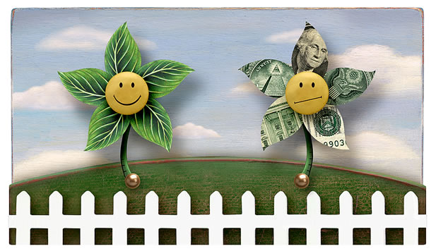 artwork showing a sad flower made of money and a happy flower made of green leaves