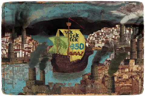 grpahic of a galleon-style ship with sails lettered 'tcktcktck' and '350' and 'avaaz' navigating a river through a medieval style european city with smokestacks darkening the sky