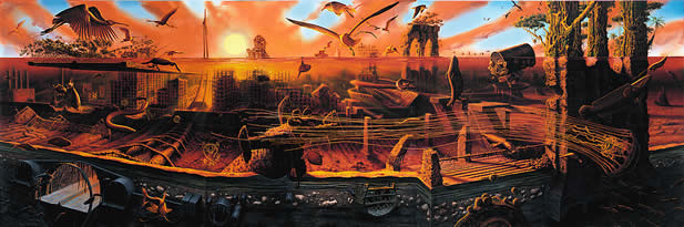 painting depicting a cross-section of an underwater scene, ruins and life together, sun rising or setting behind