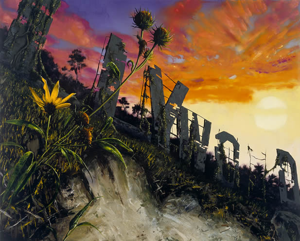 painting of a hillside showing plants encroaching on a ruinous Hollywood sign