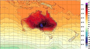 image of a color-coded heatmap, showing the continent of Australia