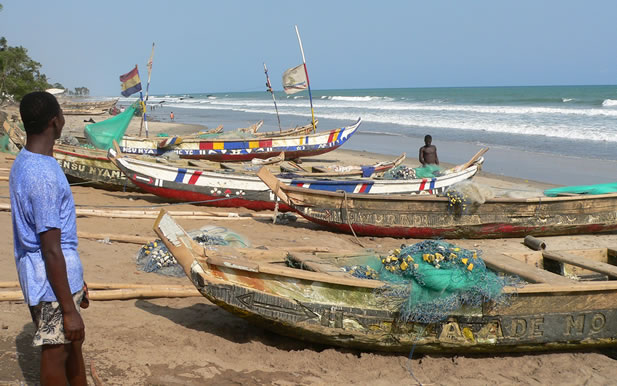 photo of a beach with brightly painted dugout canoes