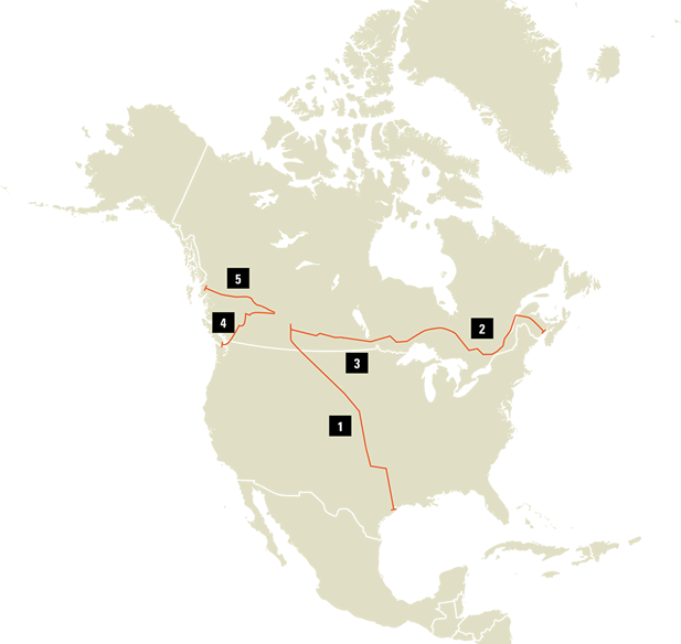 graphic map depicting the routes of oil pipelines across North America