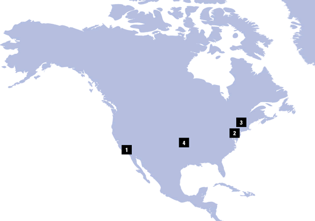 map of North America with numbered flags showing the locations of natural gas storage