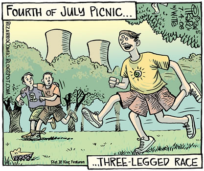 cartoon panel, atomic power cooling towers in the background of a scene showing a three-eyed, four-legged person running gleefully at a 4th-of-july picnic, caption 'three legged race'