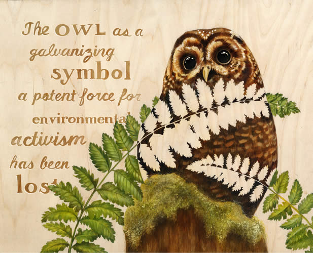drawing of an owl, words, the owl as a galvanizing symbol a potent force for environmental activism has been lost