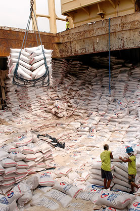 photo of a huge number of giant sacks of rice in the hold of a bulk ship, cranes and people unloading