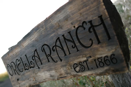 wooden sign in pasture, words Orella Ranch