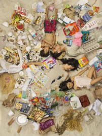 small photo of people lying on the sand surrounded by garbage