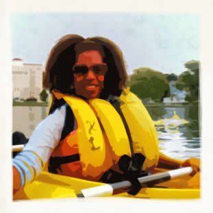 photo of a young woman smiling, paddling a kayak. citysacape is visible behind