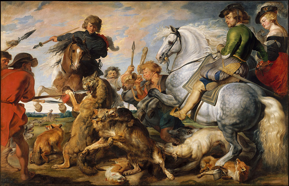 horsemen and other hunters stab wolves in a painting