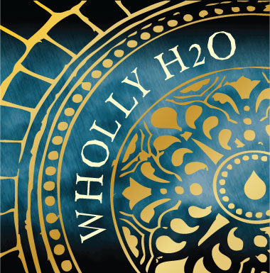 graphic showing a stained-glass window-like pattern, words Wholly H2o